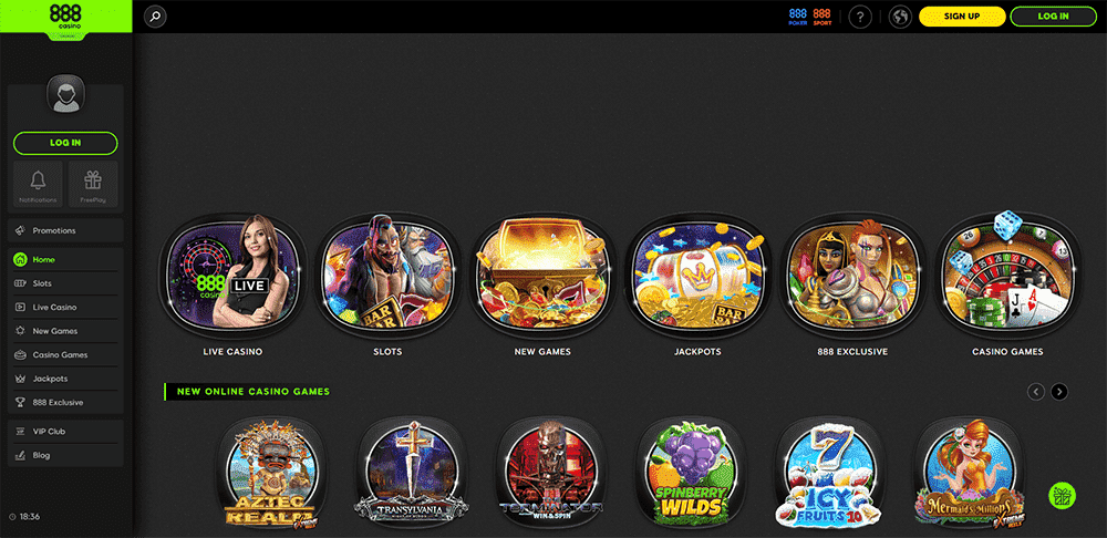 888 Casino main page view