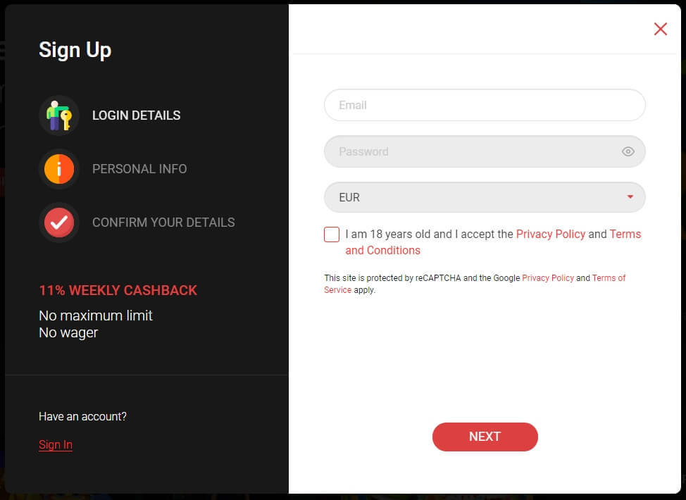 Betchan Casino register form