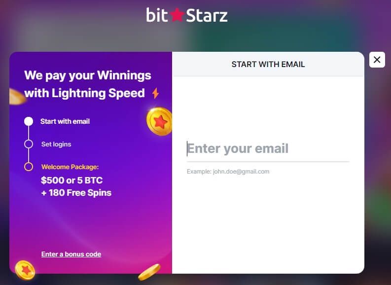 Bitstarz Casino registration form