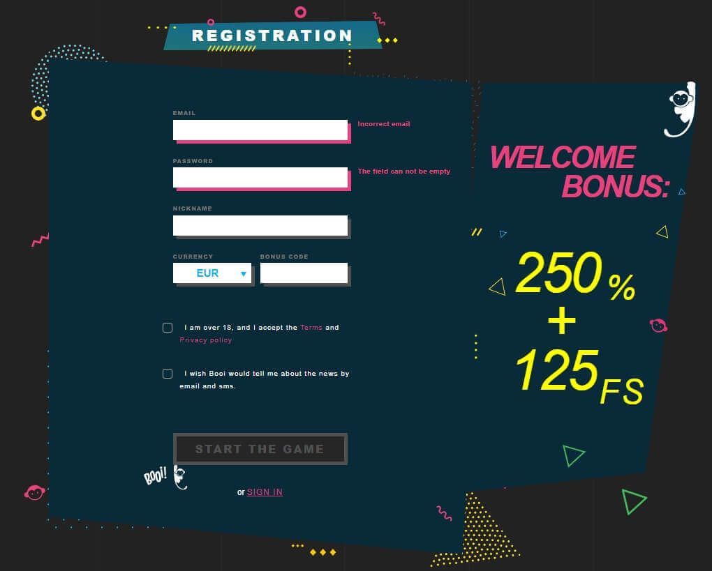 Booi Casino register form