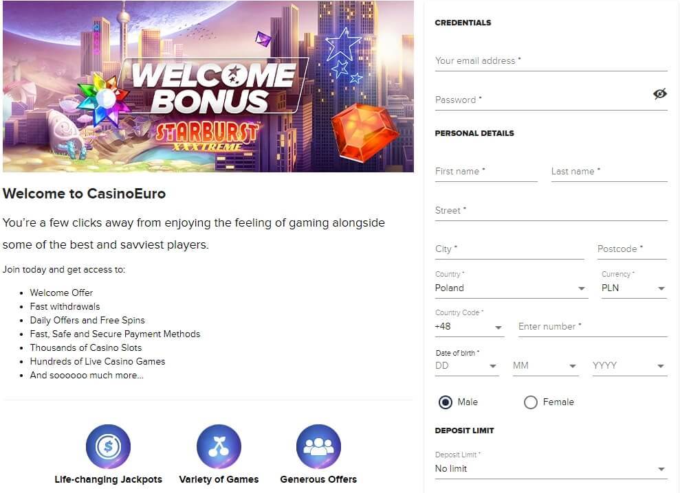 Casino Euro register form