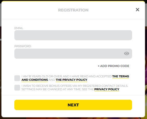 Energy Casino register form