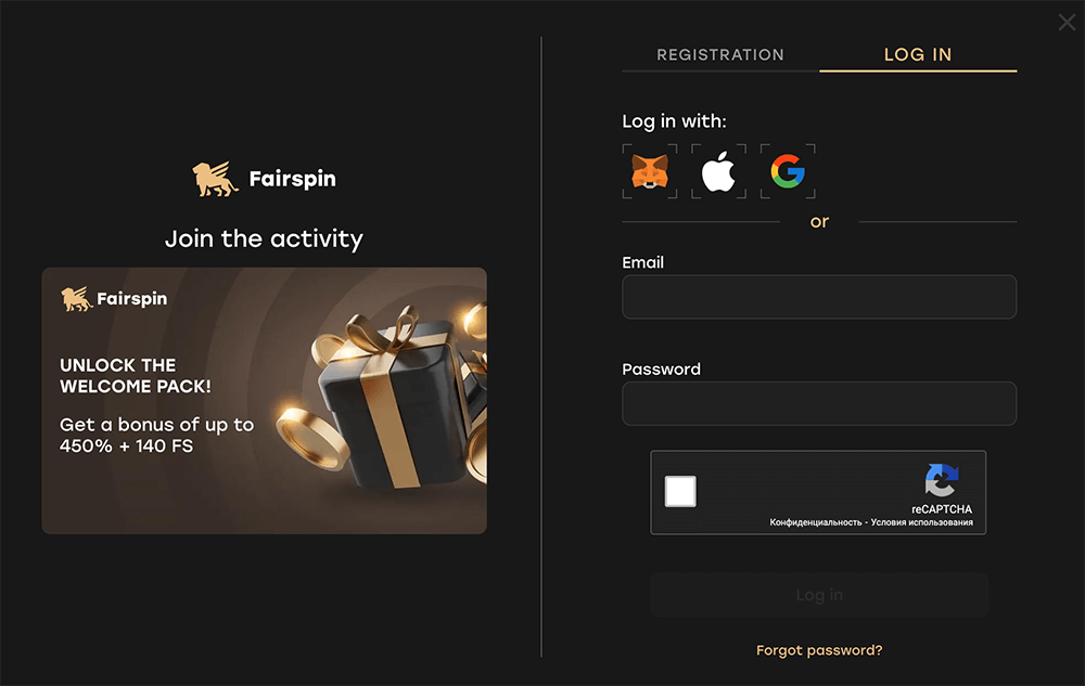 Fairspin Casino registration form