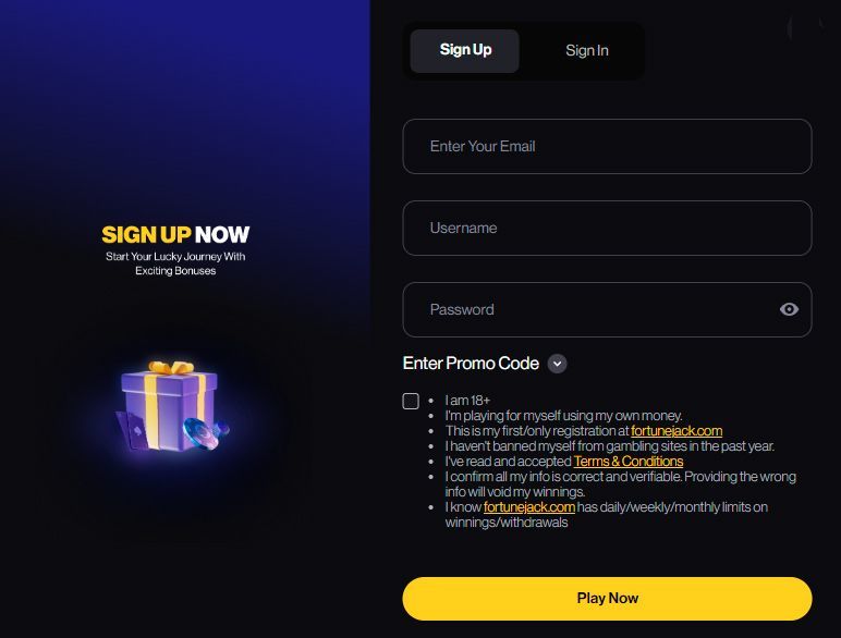 Registration form at Fortune Jack Casino