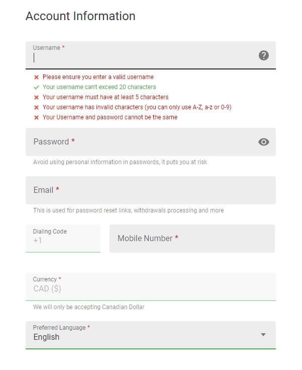 Jackpot City register form
