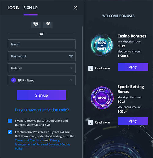 Jet Casino registration form
