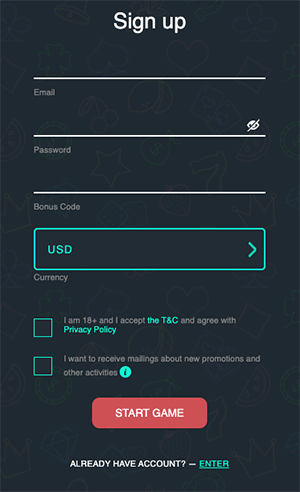 Jozz Casino registration form