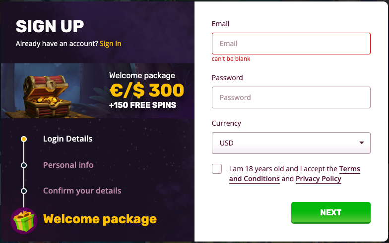 PlayAmo Casino registration form