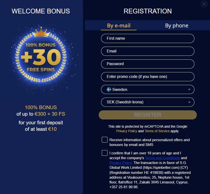 Spinbetter Casino registration form