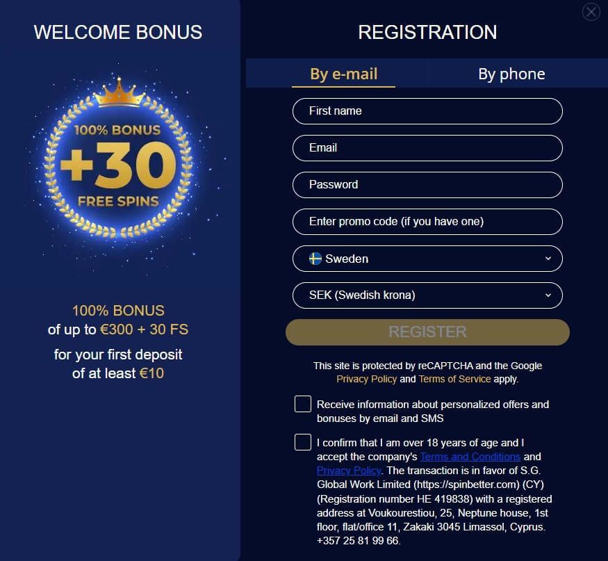 Spinbetter Casino registration form
