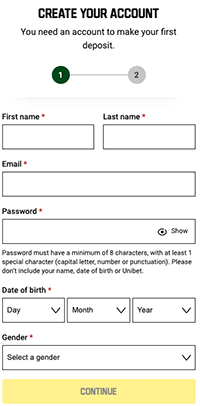 Unibet Casino registration form
