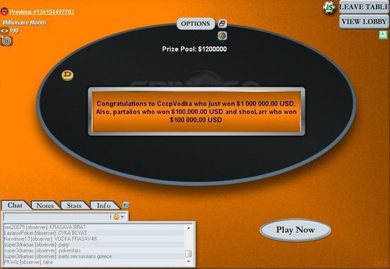 Russian player CccpVodka has won $1.000.000 in the Spin-n-Go tournament