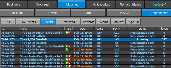 The Blowfish tourneys at 888 poker lobby
