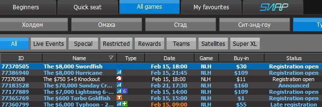 The Swordfish tournaments at 888 poker lobby