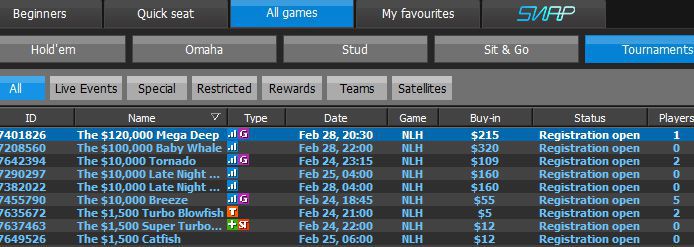 The Mega Deep tournaments at 888 Poker lobby