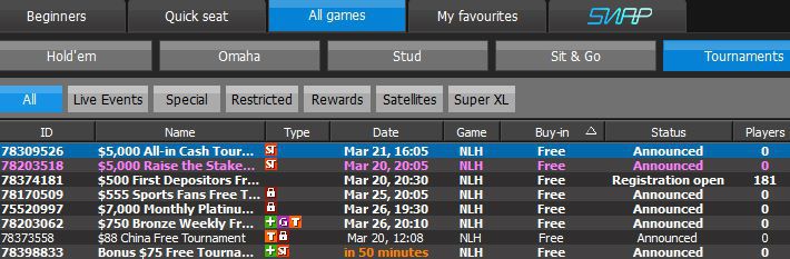 $5,000 All-in Cash Tournament freerolls at 888 poker lobby