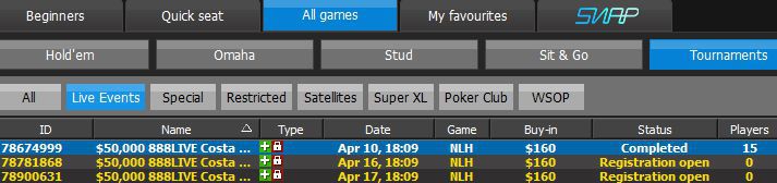 $50 000 888Live Costa Brava Qualifier at 888poker lobby