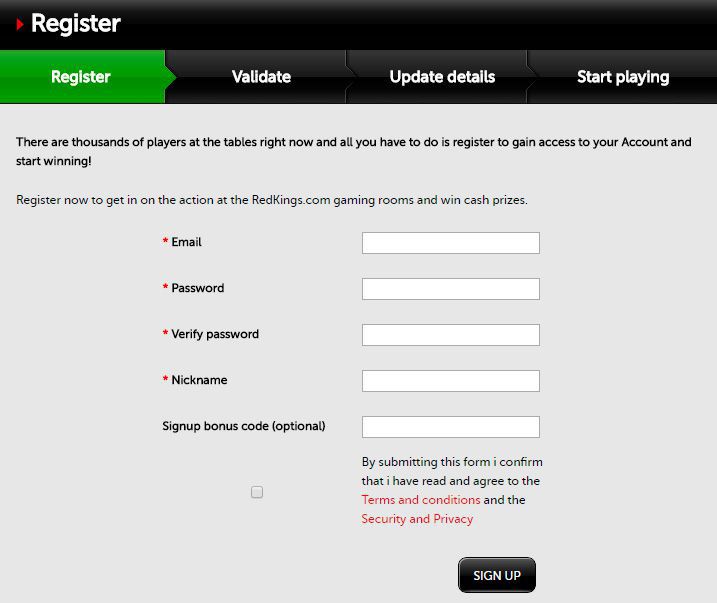 Registration at RedKings Poker