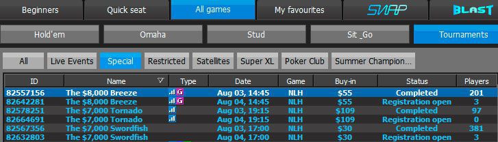 The $8,000 Breeze tournaments at 888Poker lobby