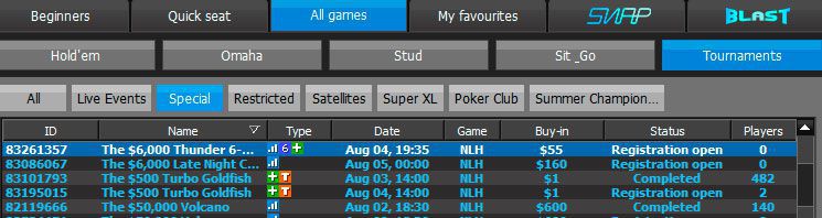 The Thunder 6-max tournaments at 888 Poker lobby