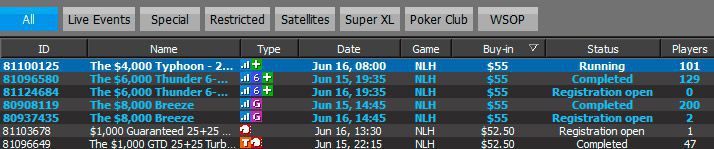 The Typhoon tournaments at 888 Poker lobby