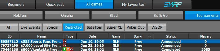 $555 Sports Fans Free Tournament at 888 Poker lobby