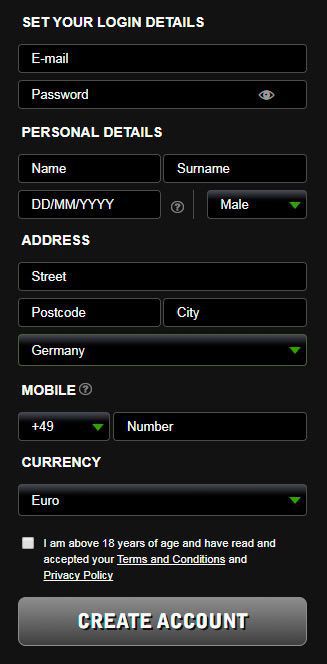 Registration form at Betsafe