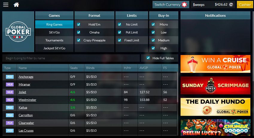 The Lobby of Global Poker