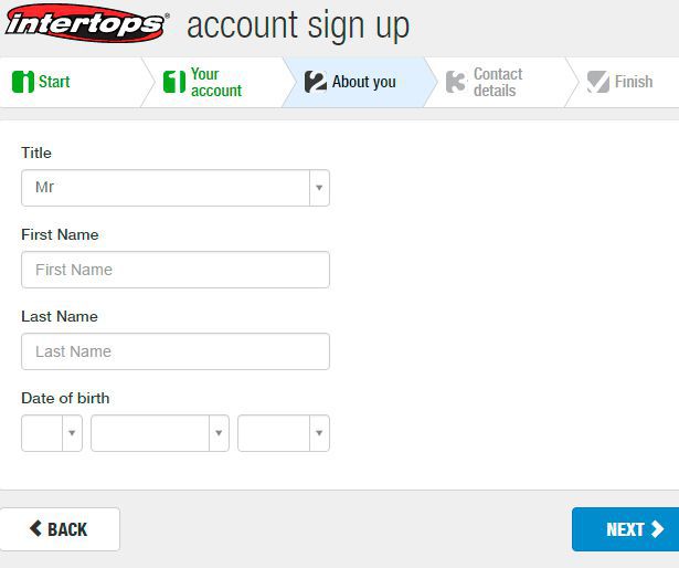 Intertops account sign up - about you