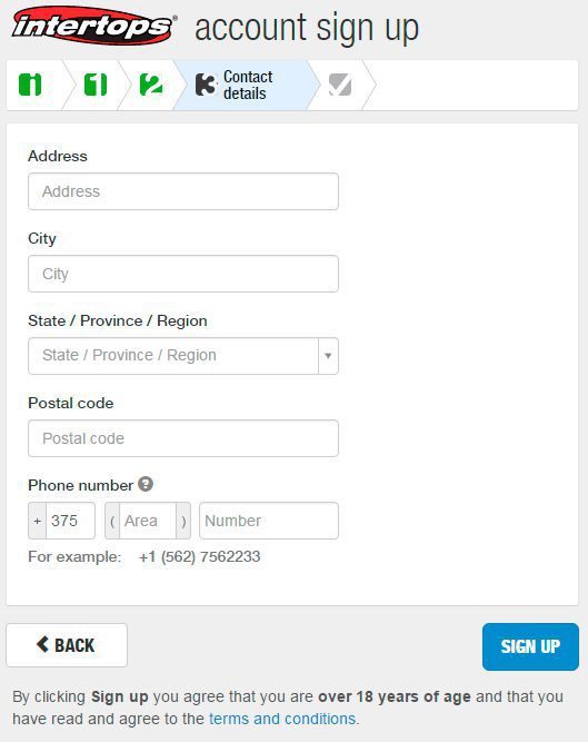 Intertops account sign up - contact details